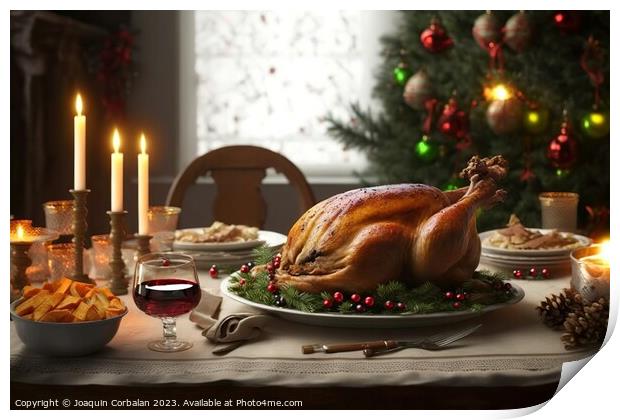A roast turkey, a Lonely Feast with No One to Share the Table. A Print by Joaquin Corbalan