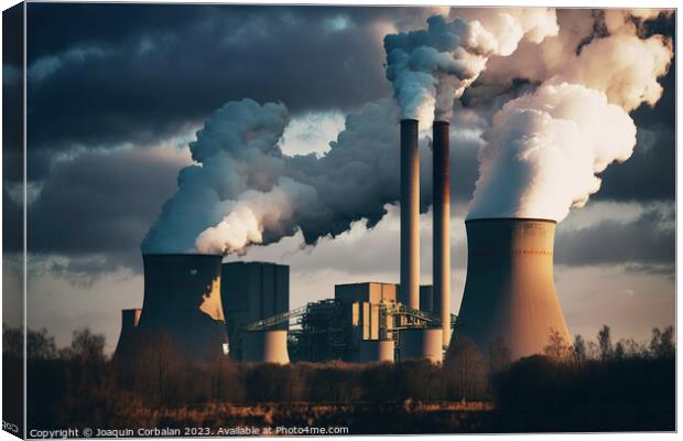 Cooling chimneys of thermal power plant released water vapor. Ai Canvas Print by Joaquin Corbalan