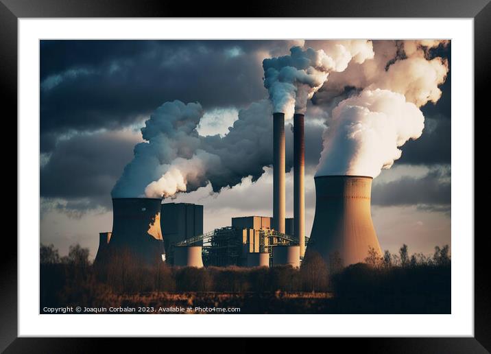 Cooling chimneys of thermal power plant released water vapor. Ai Framed Mounted Print by Joaquin Corbalan