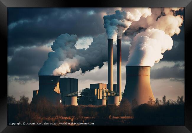 Cooling chimneys of thermal power plant released water vapor. Ai Framed Print by Joaquin Corbalan