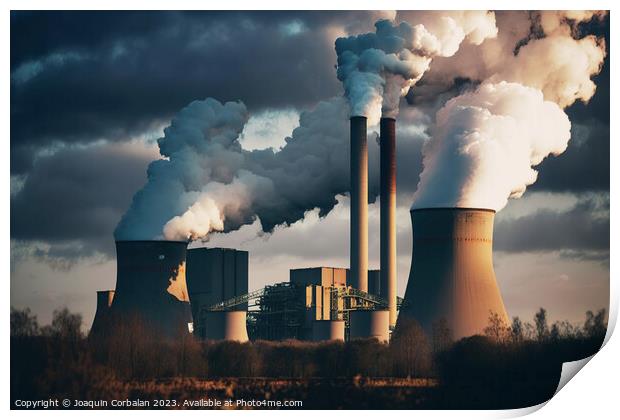 Cooling chimneys of thermal power plant released water vapor. Ai Print by Joaquin Corbalan