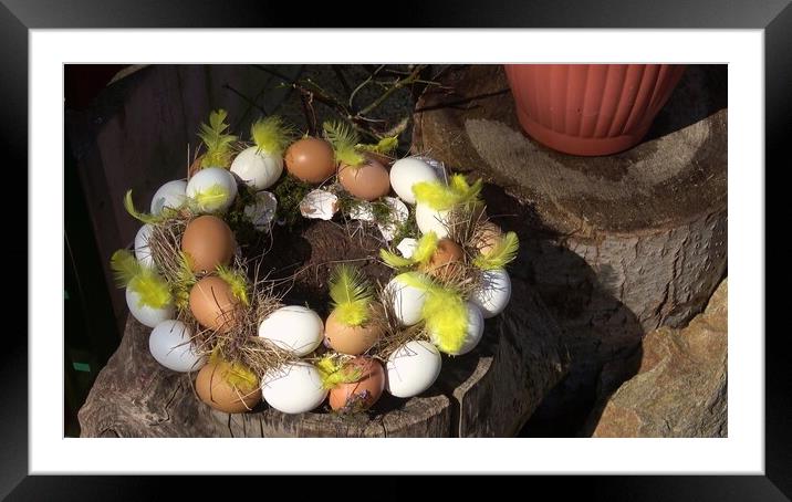 Easter composition made from colored chicken eggs. Easter eggshell wreath. Framed Mounted Print by Irena Chlubna