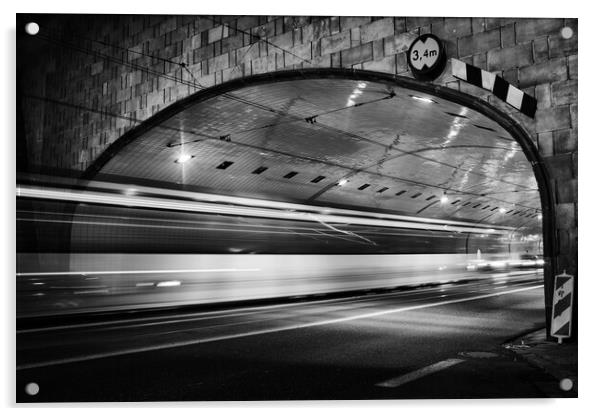 Night Traffic Light Trails In Tunnel Acrylic by Artur Bogacki