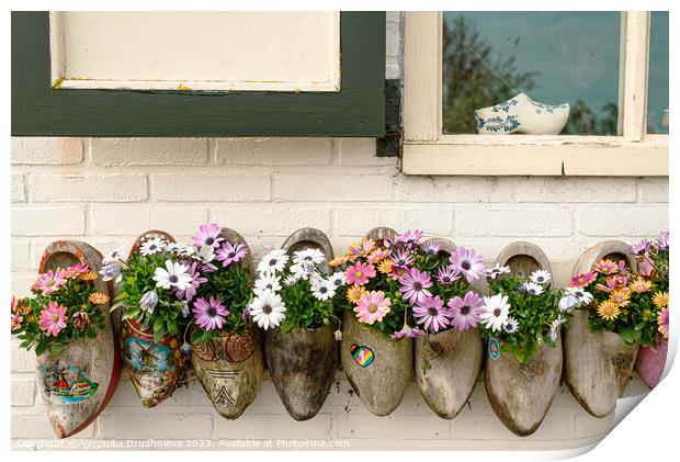 Clogs with flowers under the window Print by Veronika Druzhnieva