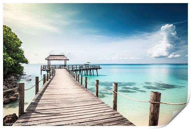 Quiet jetty on a paradisiacal beach overlooking the ocean, with  Print by Joaquin Corbalan