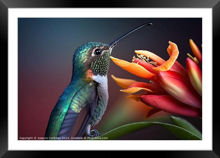 Beautiful brightly colored hummingbird, blurred ba Framed Mounted Print by Joaquin Corbalan