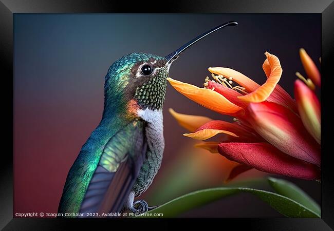 Beautiful brightly colored hummingbird, blurred ba Framed Print by Joaquin Corbalan