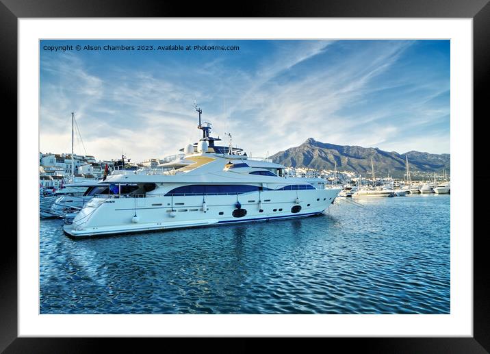 Puerto Banus Super Yacht Framed Mounted Print by Alison Chambers
