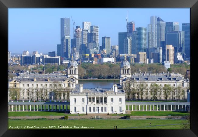 Majestic view of Greenwich and Canary Wharf Framed Print by Paul Chambers