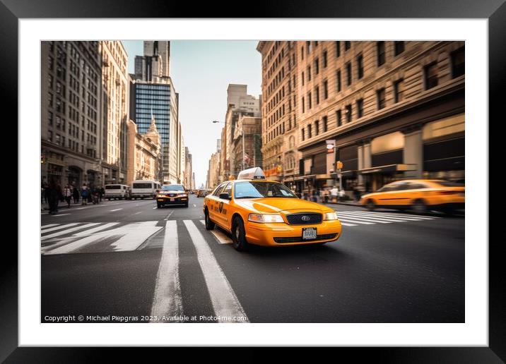 A yellow taxi in the streets of New York created with generative Framed Mounted Print by Michael Piepgras