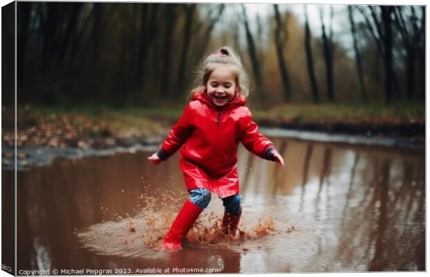 Happy little girl jumps in a puddle with rubber boots created wi Canvas Print by Michael Piepgras