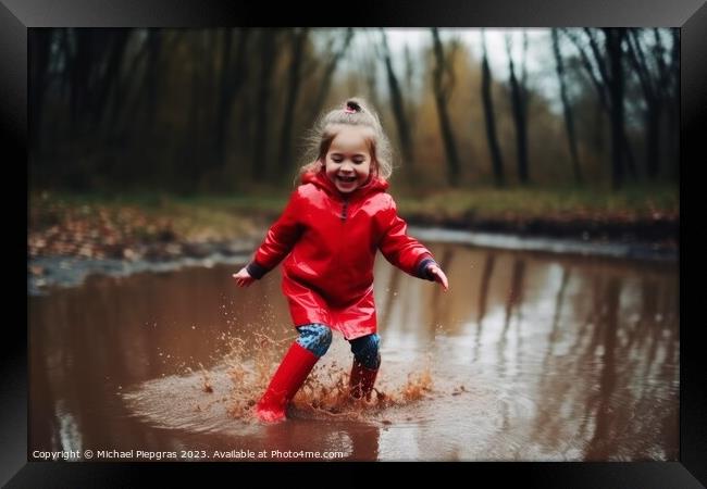 Happy little girl jumps in a puddle with rubber boots created wi Framed Print by Michael Piepgras