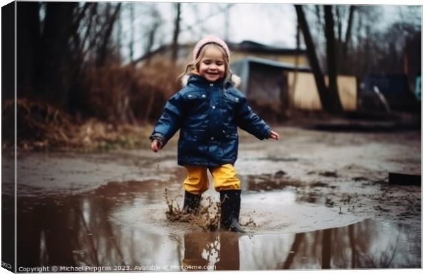 Happy little girl jumps in a puddle with rubber boots created wi Canvas Print by Michael Piepgras