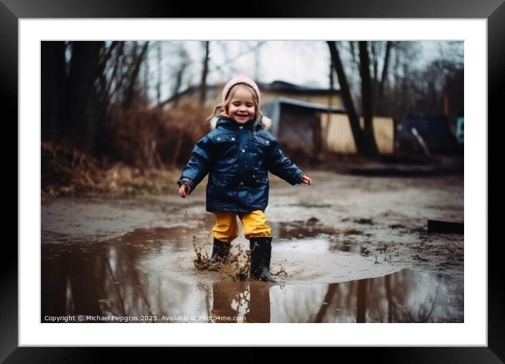 Happy little girl jumps in a puddle with rubber boots created wi Framed Mounted Print by Michael Piepgras