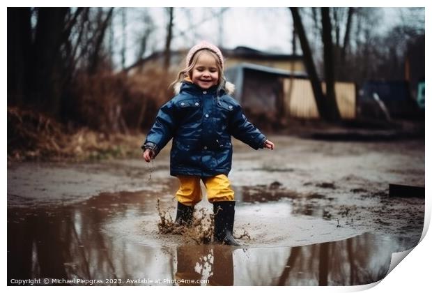 Happy little girl jumps in a puddle with rubber boots created wi Print by Michael Piepgras