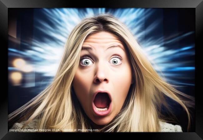 Portrait of a surprised woman in bright light created with gener Framed Print by Michael Piepgras