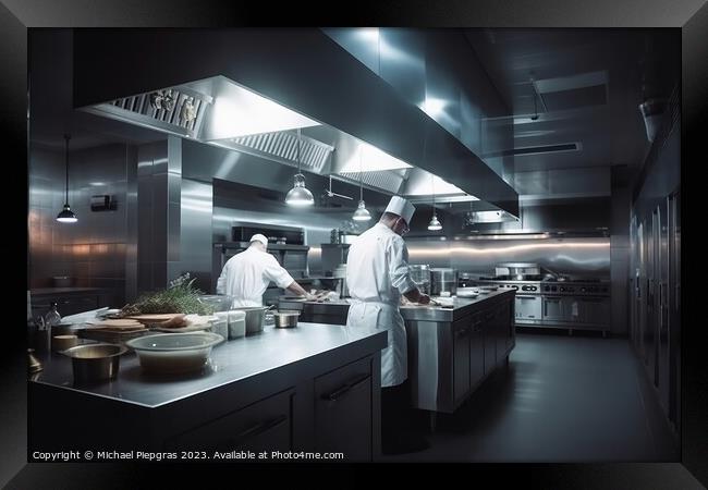 Professional chefs cooking in a modern kitchen created with gene Framed Print by Michael Piepgras