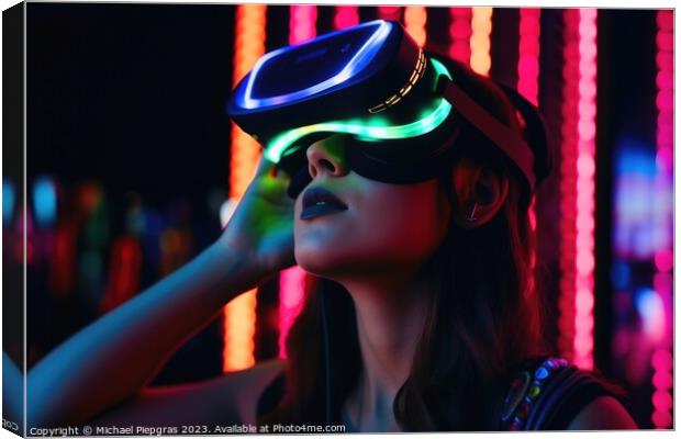 Woman exploring virtual reality in a close up neon colors create Canvas Print by Michael Piepgras