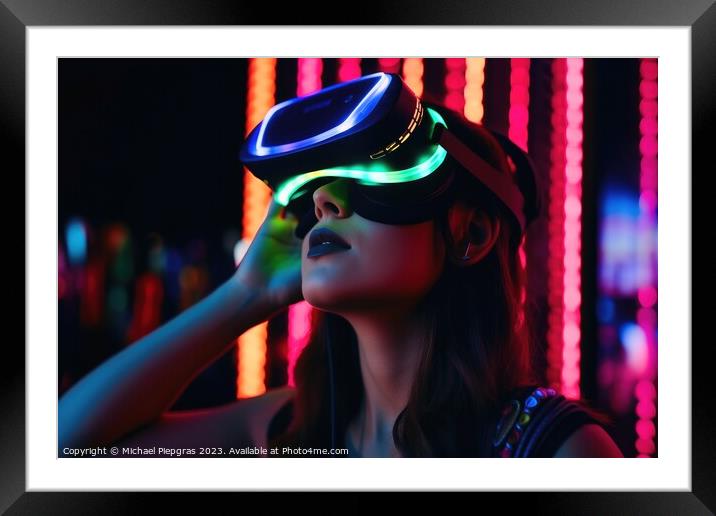 Woman exploring virtual reality in a close up neon colors create Framed Mounted Print by Michael Piepgras