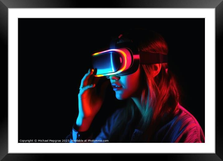 Woman exploring virtual reality in a close up neon colors create Framed Mounted Print by Michael Piepgras