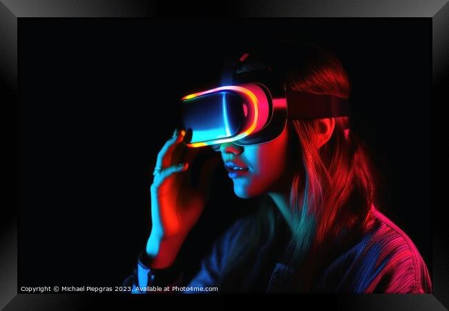 Woman exploring virtual reality in a close up neon colors create Framed Print by Michael Piepgras