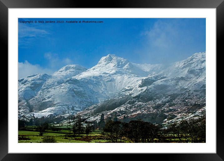 The Langdale Pikes Snowed over in Winter Framed Mounted Print by Nick Jenkins