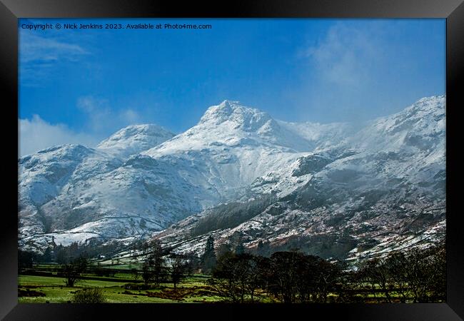The Langdale Pikes Snowed over in Winter Framed Print by Nick Jenkins