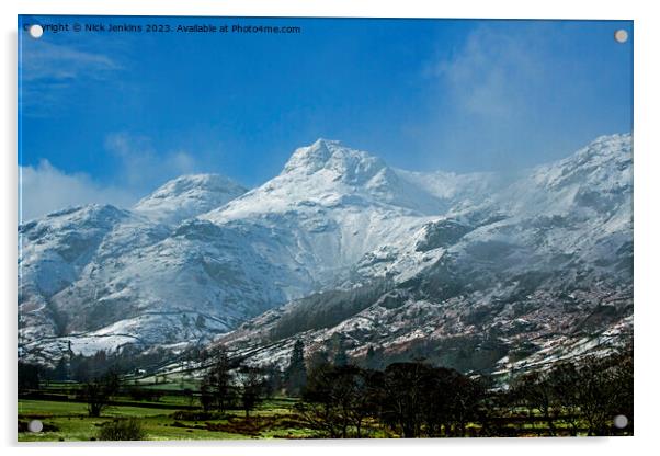 The Langdale Pikes Snowed over in Winter Acrylic by Nick Jenkins