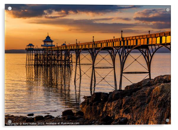 Clevedon Pier at Sunset with the pier side panels catching the sunlight Acrylic by Rory Hailes