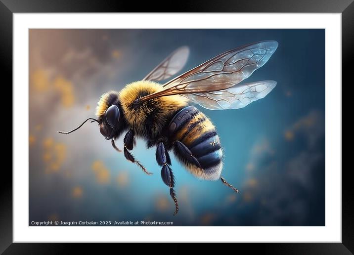 Close-up of a flying bee, blurred and colorful background. Ai ge Framed Mounted Print by Joaquin Corbalan