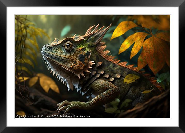 A colorful iguana in the jungle. Ai generated. Framed Mounted Print by Joaquin Corbalan