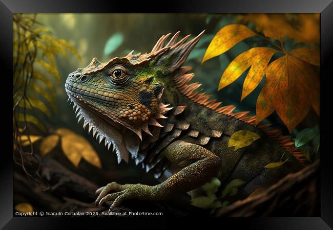A colorful iguana in the jungle. Ai generated. Framed Print by Joaquin Corbalan