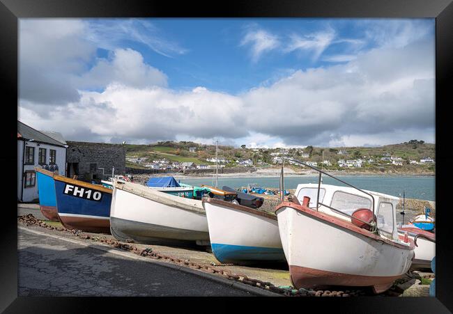 Fishing boats in Coverack Cornwall Framed Print by kathy white