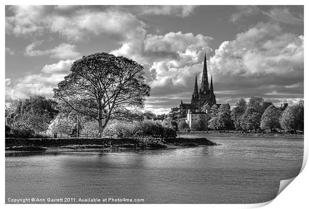 Stowe Pool and Lichfield Cathedral - Mono Print by Ann Garrett
