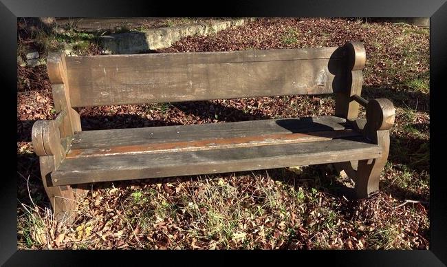Wooden park bench in nature. Wooden bench has a backrest Framed Print by Irena Chlubna