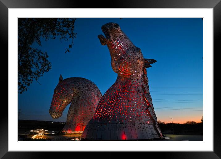 The Kelpies At Night in Red Framed Mounted Print by claire chown