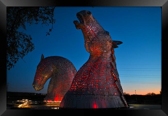 The Kelpies At Night in Red Framed Print by claire chown