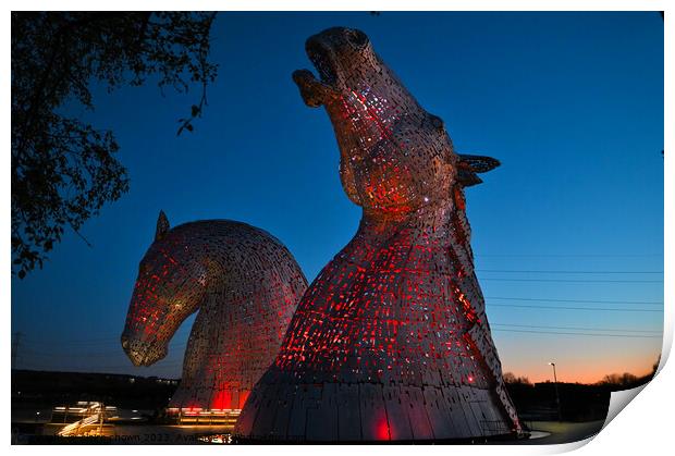 The Kelpies At Night in Red Print by claire chown