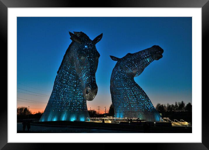 The Kelpies at Night in Blue Framed Mounted Print by claire chown