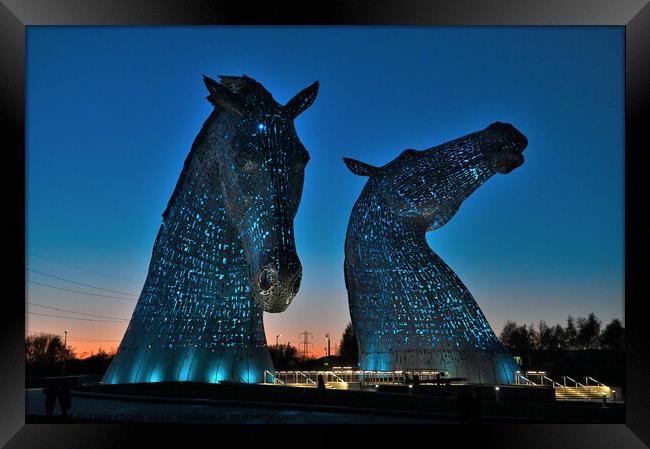 The Kelpies at Night in Blue Framed Print by claire chown