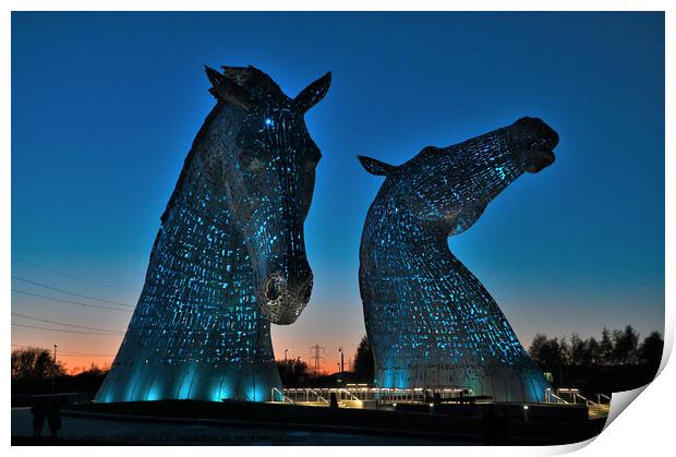 The Kelpies at Night in Blue Print by claire chown