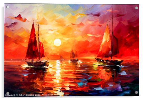 Red Sunset and Sails Acrylic by Robert Deering