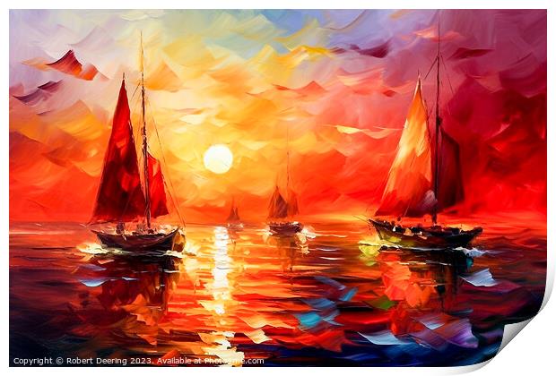 Red Sunset and Sails Print by Robert Deering