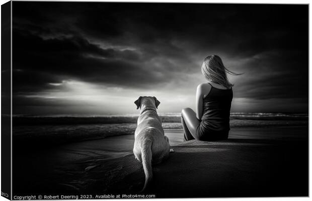 Girl and Dog Looking Out To Sea Canvas Print by Robert Deering