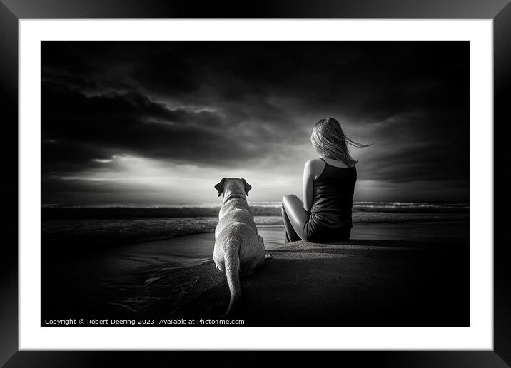 Girl and Dog Looking Out To Sea Framed Mounted Print by Robert Deering