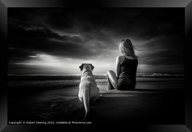 Girl and Dog Looking Out To Sea Framed Print by Robert Deering