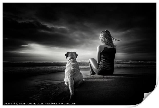 Girl and Dog Looking Out To Sea Print by Robert Deering