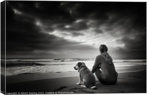 Woman and Dog Sitting On Beach Canvas Print by Robert Deering