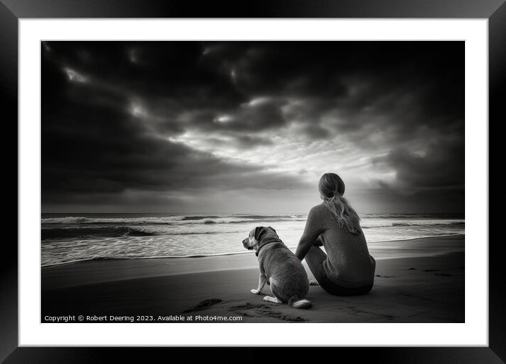 Woman and Dog Sitting On Beach Framed Mounted Print by Robert Deering