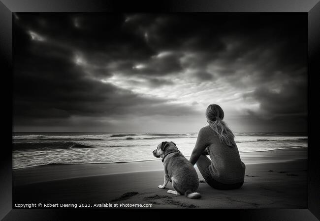 Woman and Dog Sitting On Beach Framed Print by Robert Deering